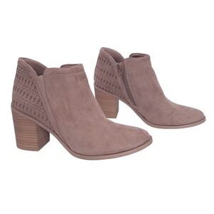 Madden Girl Cheyenne Suede Woven Ankle Boots Chunky Heel Taupe Booties Sz 8M =